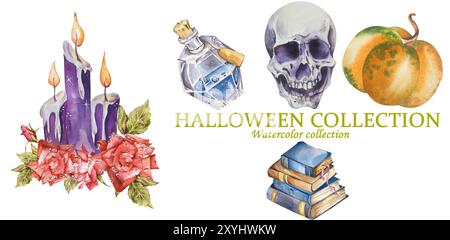 Collection Halloween. Composition d'aquarelle. Bougies brûlantes violettes, roses brillantes, crâne, livres, citrouille, potion. Pour les emballages de vacances, cartes postales, I Banque D'Images