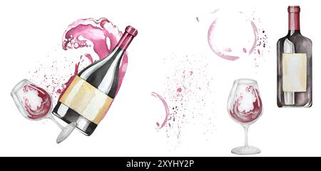 Ensemble thème vin. Bouteille de vin rouge avec verre et éclaboussures. Illustration aquarelle. Eléments de conception pour étiquettes, menus Café Restaurant, papier d'emballage Banque D'Images