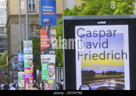La phase chaude de la campagne électorale d'État en Saxe peut être vu dans la quantité de messages différents sur les arbres et les lanternes, campagne électorale d'État Banque D'Images
