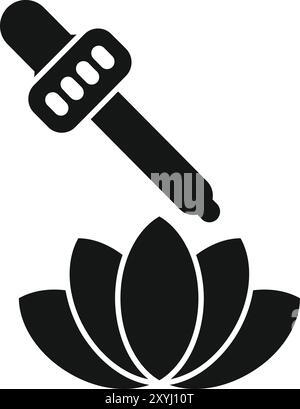 Icône solide noire d'une pipette versant de l'huile essentielle sur une fleur de lotus, représentant l'aromathérapie et la relaxation Illustration de Vecteur