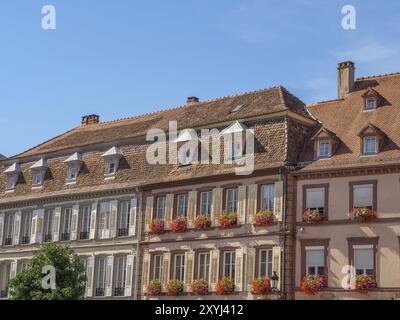 Rangée historique de maisons avec fenêtres décorées et balcons fleuris sous un ciel bleu clair, Weissenburg, Alsace, France, Europe Banque D'Images