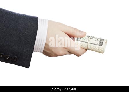 Business man hand holding rolled up Monnaie dollar papier Banque D'Images