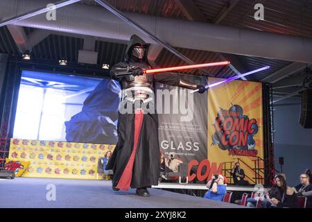 DORTMUND, ALLEMAGNE, 1er décembre 2018 : Cosplayer incarne le personnage Dark Revan de Star Wars, Chevalier de l'ancienne République (jeu) sur German Comic C. Banque D'Images