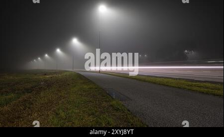 Longue exposition des feux de voiture sur une route solitaire la nuit dans un brouillard dense Banque D'Images