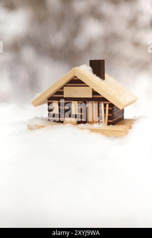 Petit modèle de maison en bois parmi les chutes de neige avec fond de forêt d'hiver flou Banque D'Images