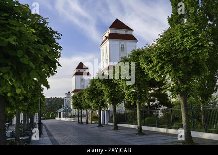 Avenue avec arbres et colonnes blanches sous un ciel nuageux, Ruegen (Binz 1) Banque D'Images