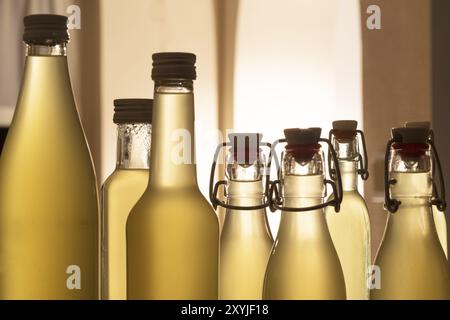 Bouteilles remplies de sirop de sureau contre la lumière Banque D'Images