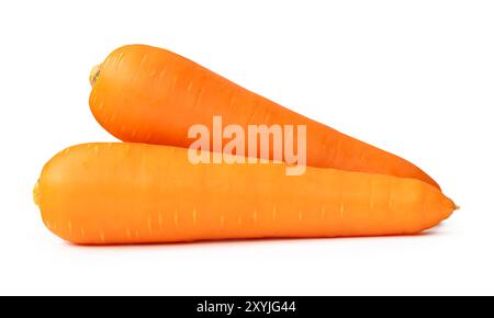 Vue de côté de deux racines de carotte orange fraîche dans la pile est isolé sur fond blanc avec chemin de découpage. Banque D'Images