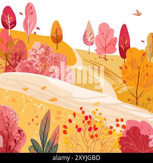 Colline avec buissons en bord de route et chemin de terre. Parc d'automne. Illustration vectorielle dessinée à la main. Style de vie. Lieu de détente et de balades. Illustration plate texturée. Modèle pour carte postale, invitation et marketing touristique. Illustration de Vecteur