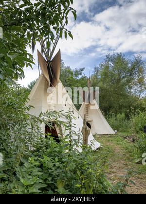 Deux tipis indiens se tiennent au soleil dans une prairie entre les arbres et les buissons Banque D'Images