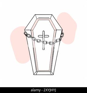 Illustration vectorielle minimaliste d'un cercueil avec une croix et une chaîne. Les lignes épurées et les accents de couleurs subtils créent un design frappant adapté aux projets thématiques et aux œuvres d'art créatives... Illustration de Vecteur
