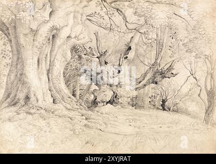 Dessin de paysage Samuel Palmer, arbres anciens, parc Lullingstone, 1828 Banque D'Images