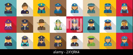 Icônes de femme de police définies. Ensemble d'icônes d'avatars de policiers et de soldats féminins dans un style de design plat Illustration de Vecteur