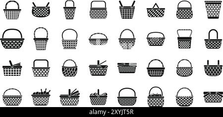 Icônes de panier en osier définies. Collection de paniers en osier vides pour différentes utilisations avec différentes formes et tailles Illustration de Vecteur