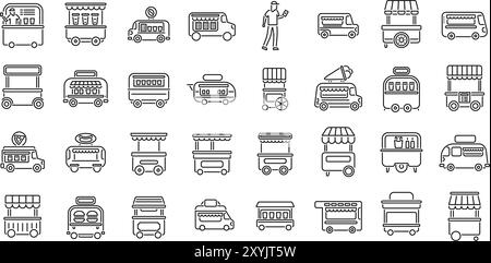 Icônes de roues de café définies. Ensemble de diverses icônes de la nourriture de rue comprenant des camions de nourriture, des chariots de nourriture, et un vendeur de rue servant les clients Illustration de Vecteur