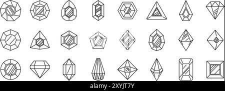 Ensemble d'icônes de roche rubis. Ensemble de différentes coupes de pierres précieuses, minéraux, diamants, cristaux, lumière réfléchissante, illustration vectorielle dessinée à la main Illustration de Vecteur