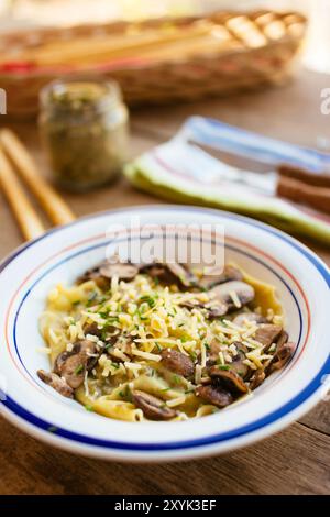 Raviolis faits maison au chou frisé et au pesto aux noix avec champignons et fromage végétalien râpé saupoudré et garni de ciboulette. Banque D'Images