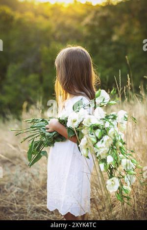 Cute little girl dans une prairie avec des fleurs sauvages d'été blanc Banque D'Images