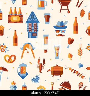 Motif de surface sans couture Oktoberfest. Conception de modèle d'icône de festival de bière sur fond clair. Illustration de Vecteur