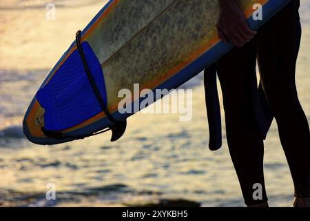 Détail de l'homme vu de dos tenant sa planche de surf en face de la mer au coucher du soleil Banque D'Images