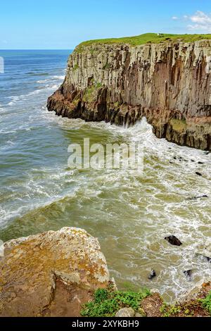 Falaise en pierre couverte de mousse et de végétation sur la mer et des vagues Banque D'Images