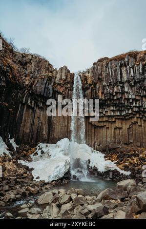 La cascade de Svartifoss tombe en cascade sur des colonnes de basalte sombres en Islande Banque D'Images
