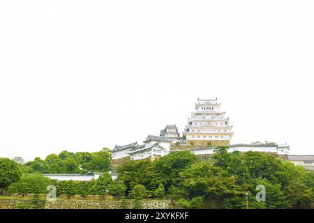 Vue éloignée sur façade avant de Himeji-jo Château lumineux sur l'image à Himeji, Japon après 2015 rénovation terminée. Copy space Banque D'Images