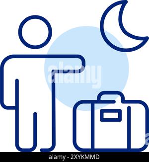 Homme avec une valise hélant un taxi à l'aéroport après un vol de nuit. Icône de contour pixel Perfect, modifiable Illustration de Vecteur