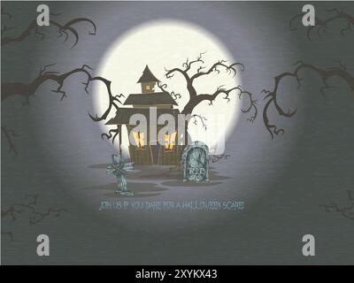 Un cimetière avec une maison et une pierre tombale. Le ciel est sombre et la lune est pleine. La scène est effrayante et étrange Illustration de Vecteur