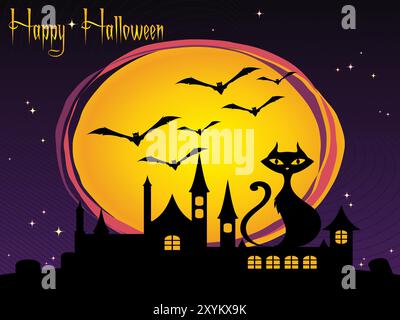 Un chat est assis sur une colline avec un bâtiment en arrière-plan. Le chat regarde la caméra. Le fond a une couleur violet foncé et le ciel est Illustration de Vecteur