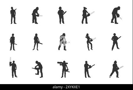 Ouvrier de tronçonneuse svg, silhouette de ouvrier de tronçonneuse, ouvrier utilisant la silhouette de tronçonneuse, ouvrier utilisant la tronçonneuse svg, ensemble vectoriel de ouvrier de tronçonneuse. Illustration de Vecteur