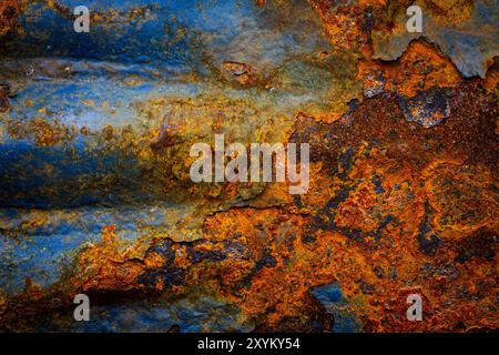 Surface métallique rouillée avec peinture de fond minable. Texture de peinture fissurée bleue sur une tôle de fer. Fragment d'une vieille porte métallique, corrosion métallique. Banque D'Images