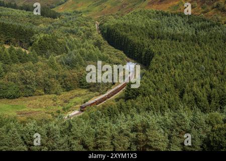 Près de Levisham, North Yorkshire, Angleterre, Royaume-Uni : le 13 septembre 2018 : un train de l'historique passage ferroviaire North Yorkshire Moors, Newtondale vu de S Banque D'Images