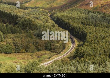 Près de Levisham, North Yorkshire, Angleterre, Royaume-Uni : le 13 septembre 2018 : un train de l'historique passage ferroviaire North Yorkshire Moors, Newtondale vu de S Banque D'Images