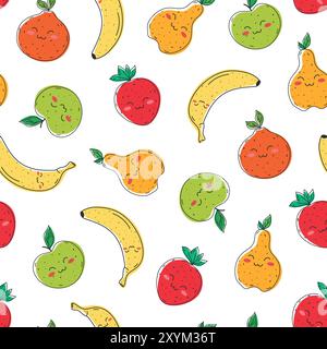 Mignon motif de fruits souriants sans couture. Ligne fruits orange, fraise, poire, pomme et banane. Illustration vectorielle Illustration de Vecteur