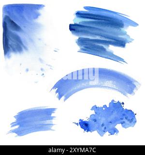 ensemble de coups de pinceau dynamiques à l'aquarelle, éclaboussures, taches de peinture artistique liquide bleue, taches dessinées à la main texturées abstraites isolées sur fond blanc, Banque D'Images