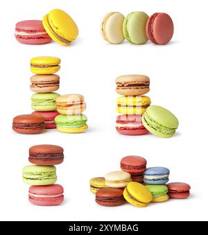 Délicieux macarons colorés sur fond blanc Banque D'Images