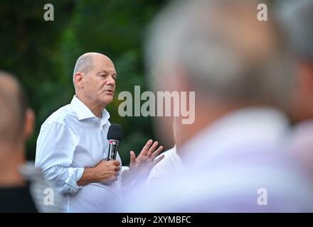 Seelow, Allemagne. 29 août 2024. Le Chancelier fédéral Olaf Scholz, qui voyage en tant que membre du SPD au Bundestag dans la circonscription de Potsdam, participera à une discussion publique dans la soirée dans le cadre de sa tournée estivale. Crédit : Patrick Pleul/dpa/Alamy Live News Banque D'Images