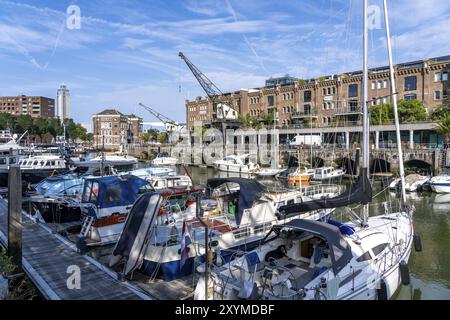 Rotterdam Marina, gastronomie, quartier de la vie nocturne, port de plaisance, bateaux à voile, yachts à moteur, dans le port intérieur, district de Feijenoord, Rot Banque D'Images