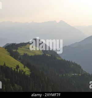 Colline verte par un matin brumeux. Vue depuis Augstmatthorn Banque D'Images