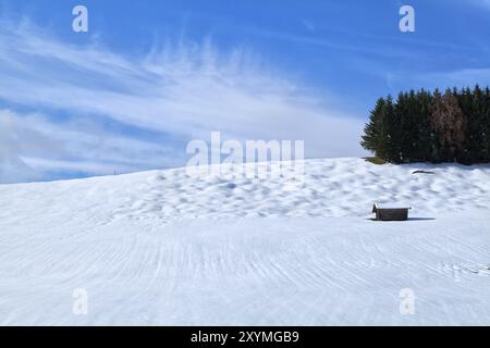 Vieille cabane sur prairie blanche enneigée, Bavière, Allemagne, Europe Banque D'Images