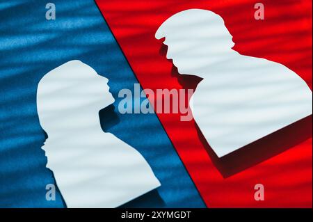 NEW YORK, États-Unis, 30 AOÛT 2024 : Kamala Harris et Donald Trump Papercut. Une photo pour l'élection ou le débat américain de 2024, avec des couleurs rouge et bleue R Banque D'Images