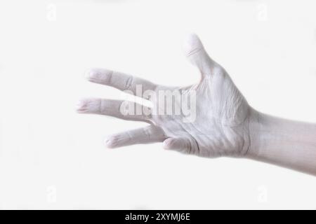 Les gestes, positions et expressions avec les mains et les doigts aussi peint en blanc avec fond blanc Banque D'Images