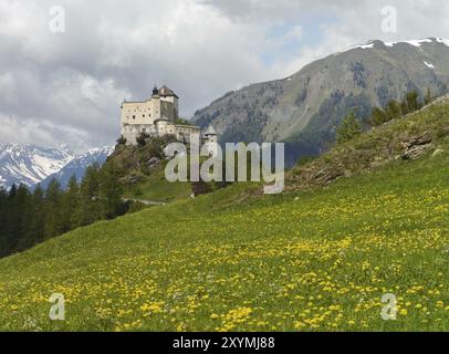 Château de Tarasp (romanche : chaste da Tarasp) est un château en Suisse, près de Tarasp, en basse Engadine, Graubuenden. C'est un site du patrimoine suisse de natio Banque D'Images