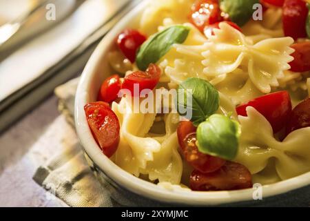 Gros plan de pâtes italiennes Farfalle avec tomates et basilic sur un fond coloré Banque D'Images