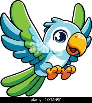 Mignon, coloré Cartoon Parrot illustration de personnage dans la conception plate isolé 2D Digital Clip Art d'un joyeux Multi Colored Bird Flying JPG parlant Illustration de Vecteur