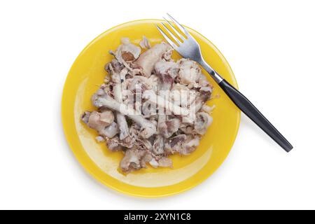 Restes de nourriture, os de viande de poulet tas sur plaque blanc isolé Banque D'Images