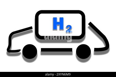 Illustration simple de la voiture avec le symbole bleu H2 pour les panneaux de stations de véhicules à hydrogène Banque D'Images