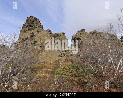 Formation de tuf dans le champ de lave de Dimmuborgir au lac Myvatn en Islande Banque D'Images