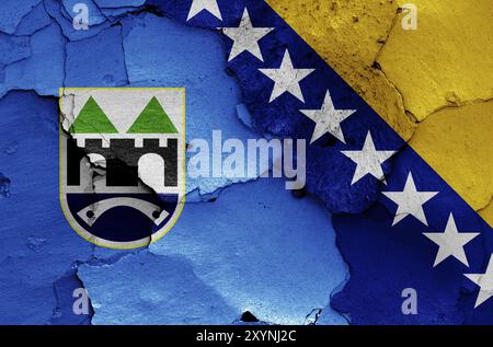 Drapeaux de Sarajevo et de Bosnie-Herzégovine peints sur un mur fissuré Banque D'Images